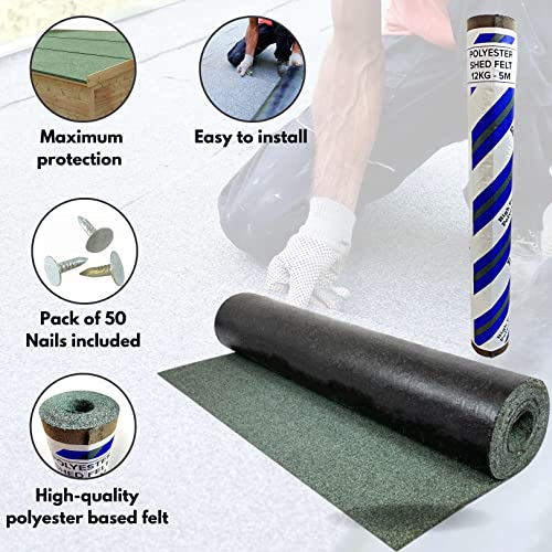 Foto von Grüner Polyester-Dachpappe, 5 m x 1 m, mit 13 mm verzinkten Dachnägeln, 50 Stück, strapazierfähig, 25 Jahre Lebensdauer