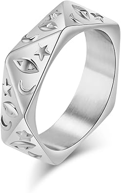 Pentagon Ring Celestial Ring Stars Moon Eyes Ring Stainless Steel Rings for Men