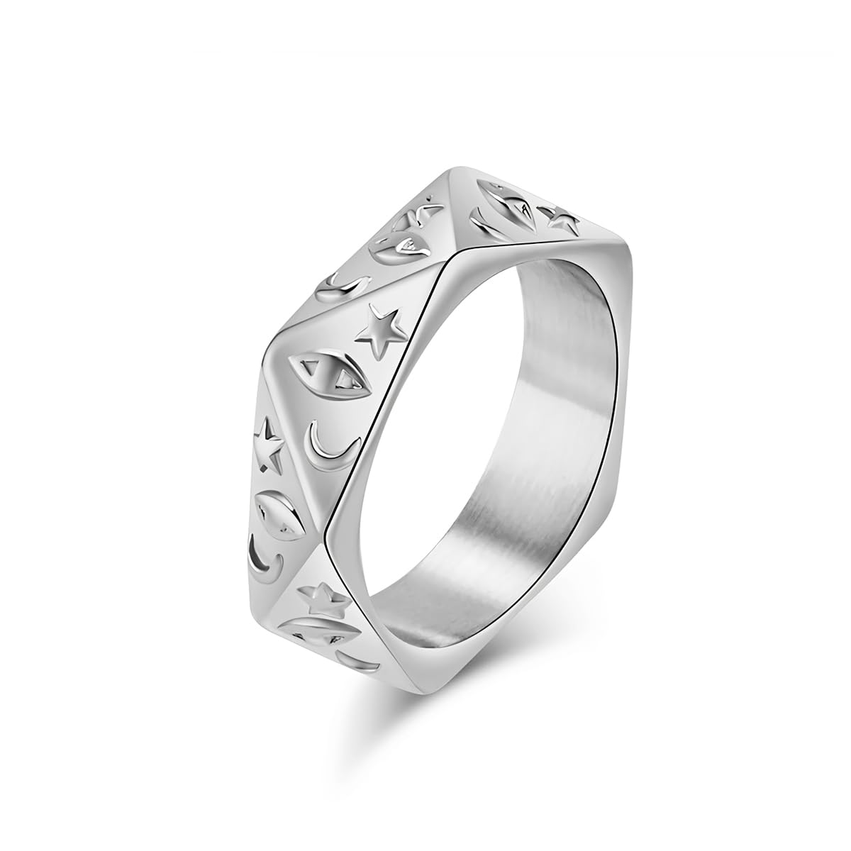 JESMINGPentagon Ring Celestial Ring Stars Moon Eyes Ring Stainless Steel Rings for Men