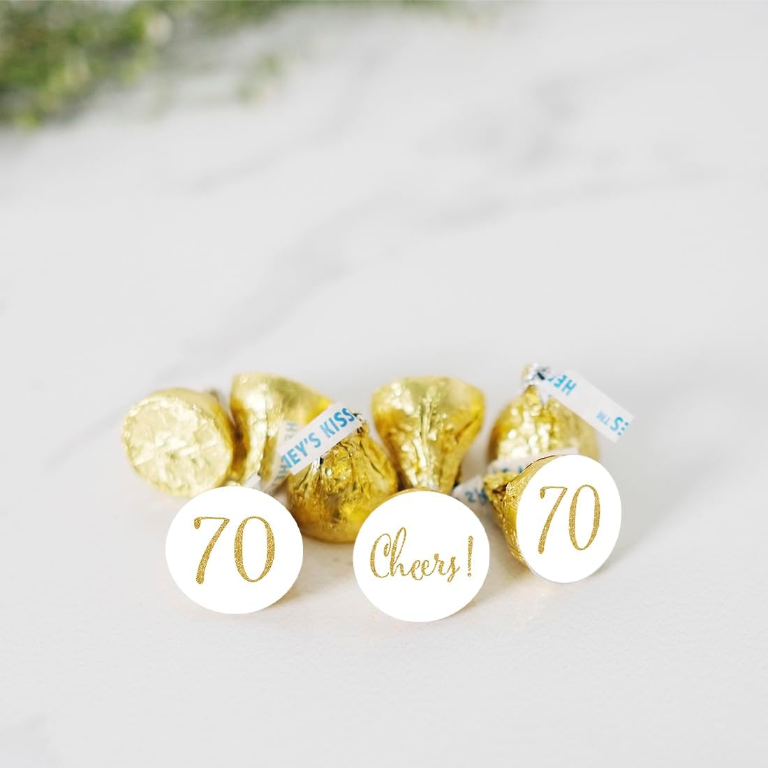 Andaz Press Gold Glitter Print Chocolate Drop Labels Stickers, Cheers 70, Happy 70th Birthday, Anniversary, Reunion, White, 216-Pack, Not Real Glitter, for Kisses Party Favors