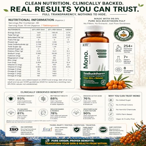 Image of Mono Sea Buckthorn Juice | India's 1st for Acne Clear Skin & Glow | 3rd Party Lab Tested | Helps Immunity & Gut Health | Omega-3 6 7 9, Niacinamide( Vit B3) , Zinc & Curcumin 95% | 300ml | No Added Sugar