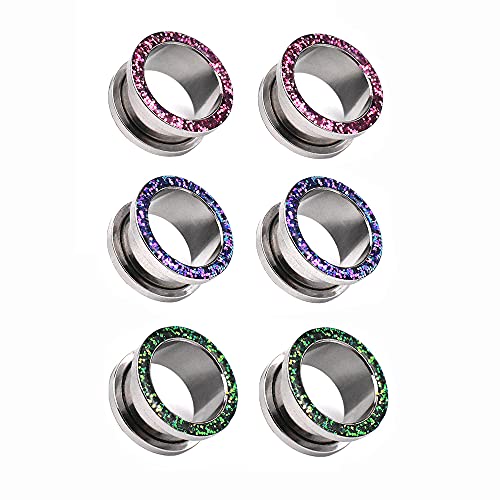 Jboyanpei 6 unidades / 3 pares de dilatadores de oreja de acero inoxidable con diseño de lentejuelas, multicolor, tamaño 24 mm, Acrílico, No conocido