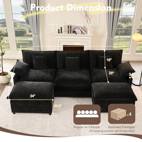 Litbird 108" U-Shaped Modular Sofa, 3-Seater Sectional Couch, Cloud Couch with Movable Ottoman, Deep Seat Sofa for Living Room, Black - Image 2