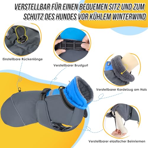 Eyein Hundemantel Winter für Große Hunde, Wasserdicht Hundejacke mit warmem Fleecefutter und Halsband, Winddichter Wintermantel Hund mit Bauchschutz und Verstellbarem Brustriemen, Blau, XXL