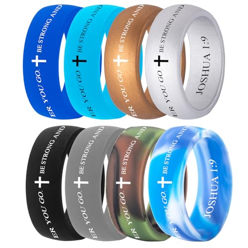 8 Pack-Personalized Religious Faith Christian Inspirational Jewelry Silicone Rubber Domed Comfort Fit Promise Engagement Rings Wedding Band,Size 5-14