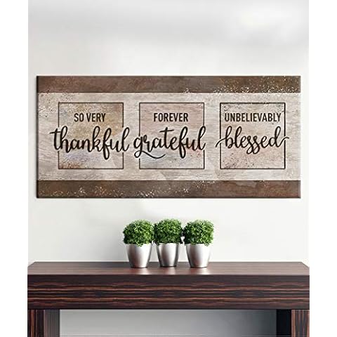 Sense Of Art | So Very Thankful Forever Grateful Unbelievably Blessed Quote Wood Framed Canvas Horizontal Ready to Hang Family Wall Art for Home Decoration | (Brown, 42x19) Cover