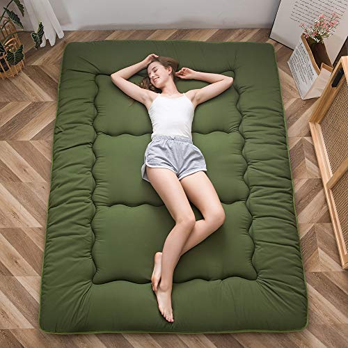 Image of MAXYOYO Japanese Floor Mattress Futon Mattress, Thicken Tatami Mat Shiki Futon Sleeping Pad Foldable Roll Up Mattress Guest Mattress Pad Floor Lounger Cushion, Green, King