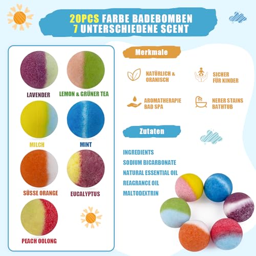 20 Badebomben für Kinder mit Dinosaurier-Saugnapf-Überraschung im Inneren, ganz natürliche Bio-Badebomben für Mädchen und Jungen zum Geburtstag, Weihnachten, bunte Sprudelbomben für Kleinkinder