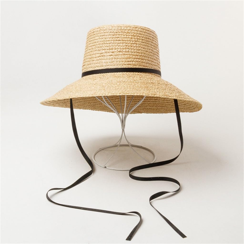 HBJWOV Tie Rope Straps Raffia Flat Top Basin Type Hat Outdoor Beach Travel Sun Protection Hat