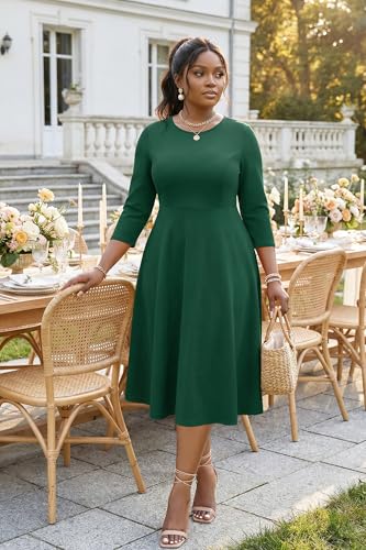Image of Runwind Women's Plus Size Midi Dress Classy High Waist Wedding Guest Dress Casual Crew Neck 3 /4 Sleeve A-Line Swing Dresses