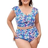 Nidddiv Vestidos de baño para mujer con pantalones cortos, bikinis de talla grande, dos trajes de baño con volantes y cuello en V, traje de baño con parte inferior para adolescentes, azul, L