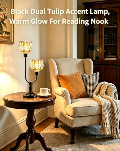 Image of Lightdot Nightstand Lamps Set of 2 Flower Amber Glass Table Lamp Dimmable