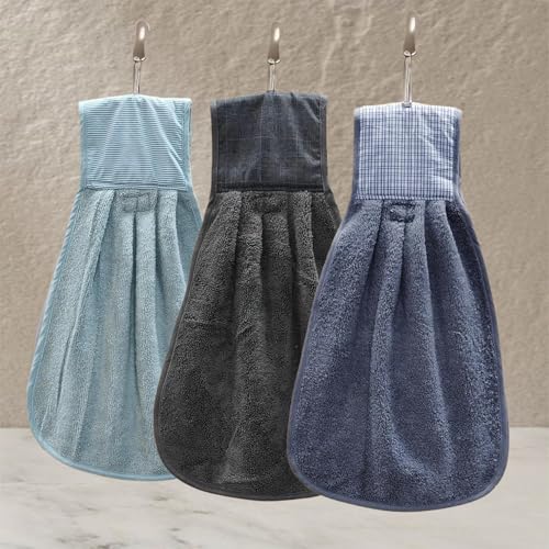 Image of Hand Towel with Loop | 600 GSM | Hanging Napkin for Wash Basin, Kitchen Sink, Bathroom| Pack of 3 in (Blue, Black and Grey) | Assorted