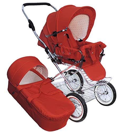 Eichhorn Kombikinderwagen mit Lederriemengestell Schiebehöhenverstellung Fester Tragetasche Lux Variante Luftrad, rot