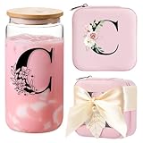 AYGXU Bridesmaid Gifts,18 year old girl birthday gifts,teacher gifts for womens,Drinking glass with Bamboo Lids and Straw,Jewelry Organizer,Travel Essentials Small Jewelry Box,Initial C pink