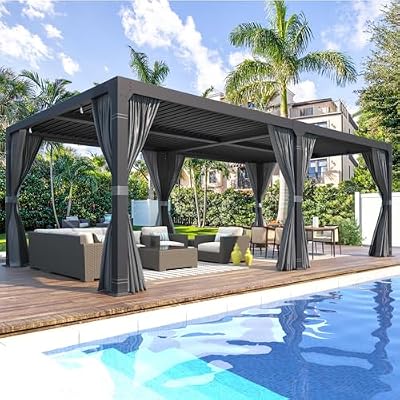 MELLCOM Louvered Pergola 12x24, Aluminum Pergola with Adjustable Louvered Roof, Outdoor Pergola with Waterproof Curtains and Nets, Dark Grey