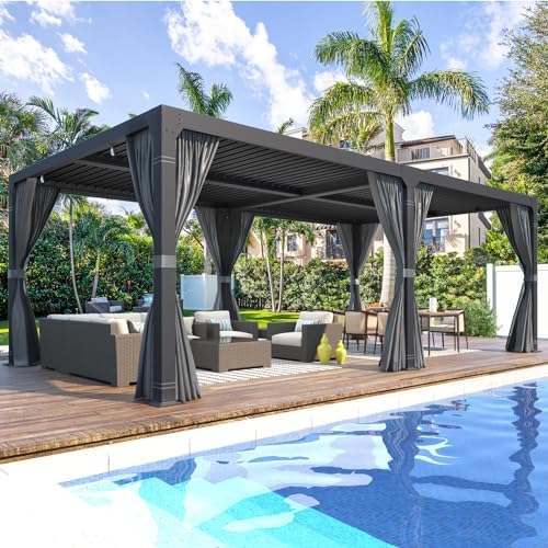 MELLCOM Louvered Pergola 12x24, Aluminum With Adjustable Roof, Outdoor With Waterproof Curtains and Nets, Dark Grey