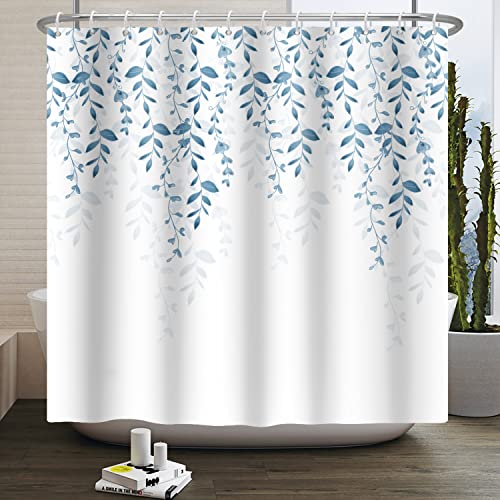 Bovlleetd Planta Cortinas de Ducha 180x180cm Acuarela Hojas de Eucalipto Cortina de Ducha Primavera Verano Paisaje Azul Botánico Baño Cortina Decorativa Impermeable Bañera Cortina Cover