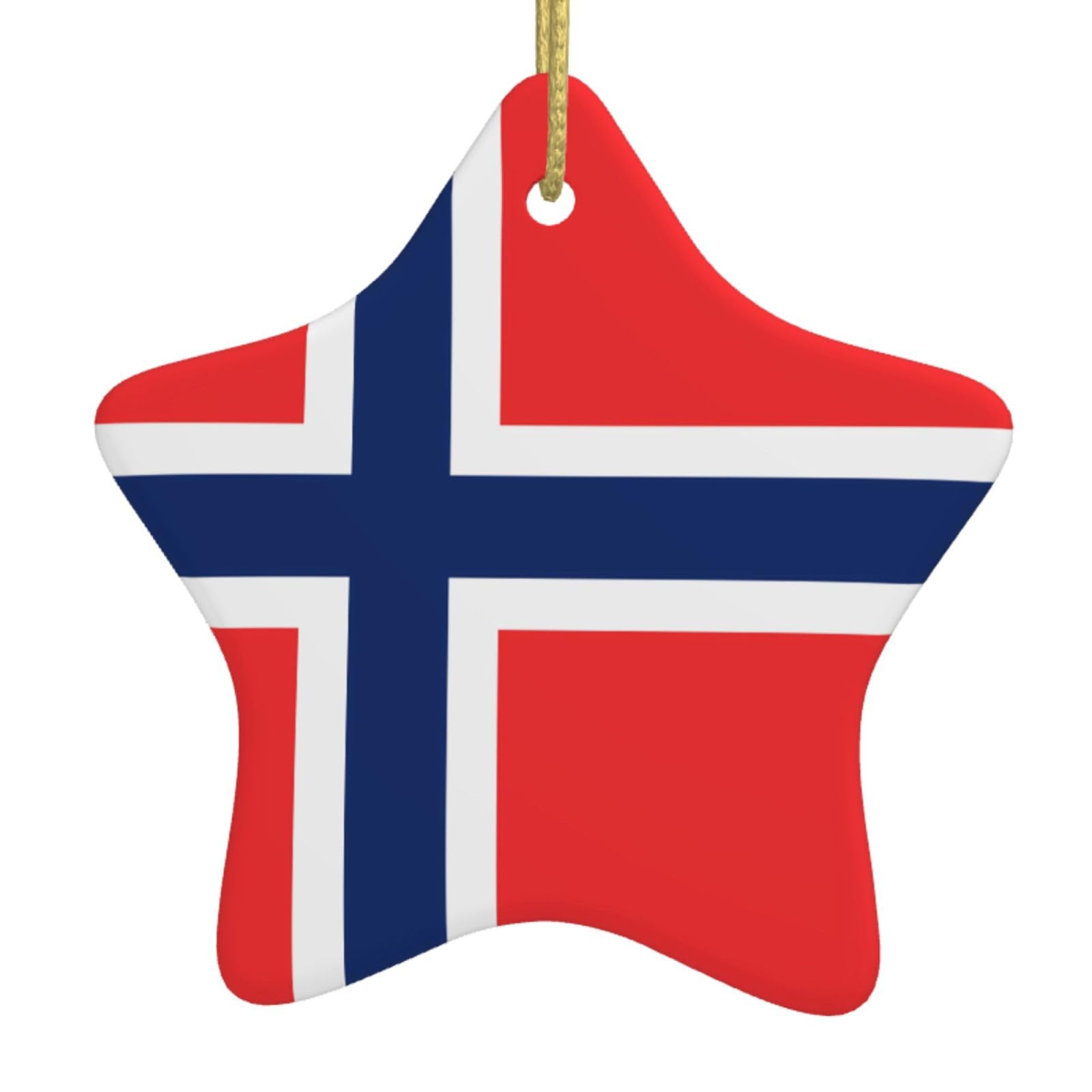 Norwegian Flag Christmas Ceramic Star Pendant with Punched Holes and Gold Wire Rope, Christmas Tree Home Decoration