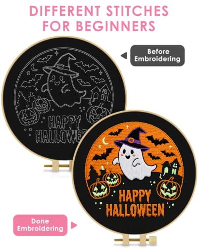 Image of TINDTOP Halloween Embroidery Kit for Adult, Embroidery DIY Starter Kit, with Stamped Patterns, Hoop, Tools, Colorful Threads with Needles, Instructions (Halloween B)