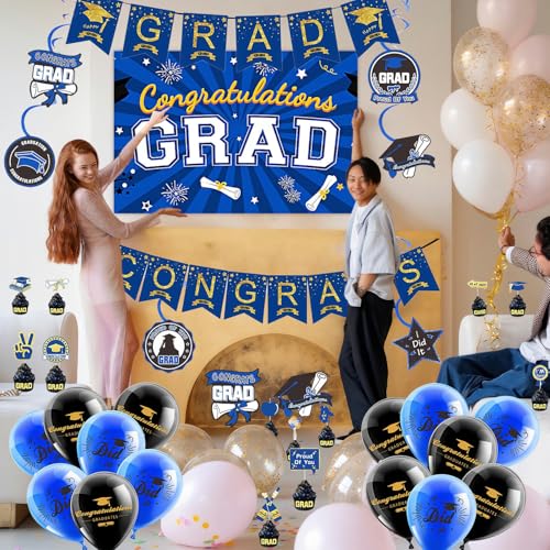 Image of Graduation Decorations 2025 Blue and Gold Class of 2025 Congrats Grad Backdrop Banner for Graduation Party