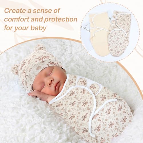Image of Cinaci 2 Pack Adjustable Soft Cotton Blend Newborn Baby Receiving Swaddle Blankets Sleep Sacks with Nursery Hats Caps Beanies Bonnets for Baby Girls Boys Newborns Infants