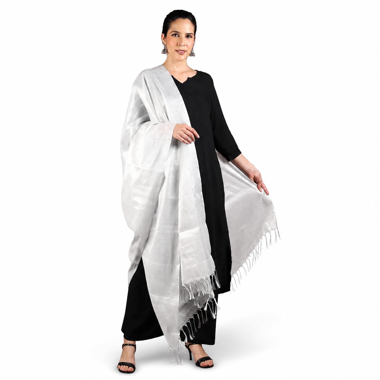 fashily Soild Silk Plain Dupatta | Shiny Jari Dupatta | Length 2.25m (Silver Silver)-picture-12