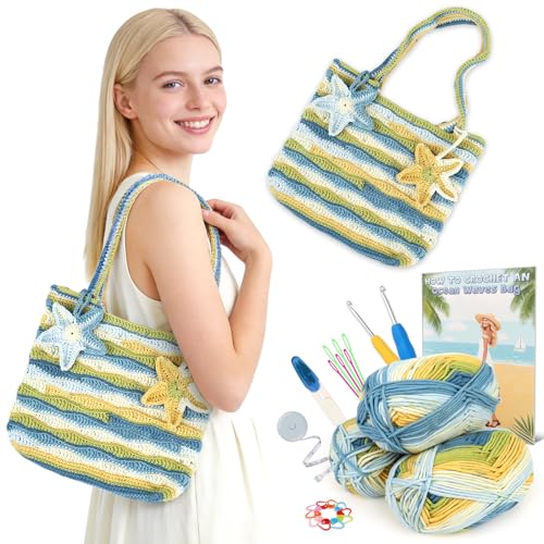 Reessy Crochet Bag Kit for Beginners Sea Salt Wave Stripe Shoulder Bag DIY Kit with Yarn Hooks & Tools Step-by-Step Printed Instruction Book Handmade Summer Bag