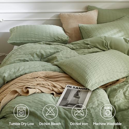 Image of JELLYMONI Light Green Duvet Cover Twin Size, 3pcs Washed Microfiber Bedding Set for Kids, Soft Breathable Seersucker Duvet Cover Set with Zipper Closure and Corner Ties for All Seasons