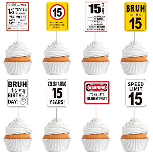 40 PCS Happy 15th Birthday Cupcake Toppers Cheers to 15 Years Bruh I'm 15 Cupcake Picks Speed Limit 15 It's My 15th Birthday Cake Decorations for Driver Birthday Anniversary Party Supplies