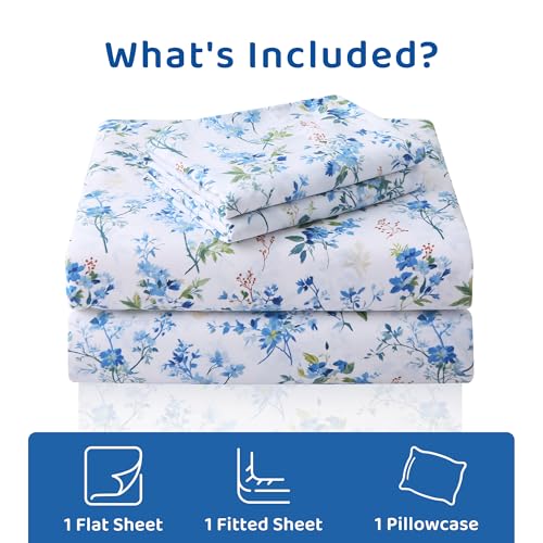 Image of Mooreeke Cozy Vintage Microfiber Printed Twin Sheet Set - Soft & Breathable Blue Green Floral Bed Sheets with Extra Deep Pocket - Non-Slip Fitted Design - Blue Green Flower Pattern