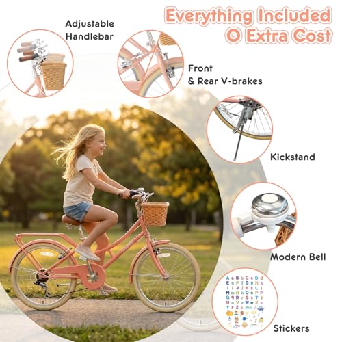 Image of XJD 20 24 26 Inch Girls Bike, 7-Speed Beach Cruiser Bike for Girls Youth and Over 6 Years Old, Kids Bicycles with Dual V-Brakes Rear Rack & Wicker Basket