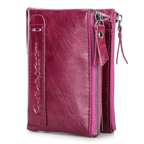 Image of CONTACTS Soft Leather Wallet for Women Small Bifold Coin Purse Double Zipper Card Holder with RFID Blocking (Purplish Red)