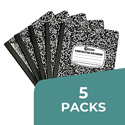 Rosmonde College Ruled Composition Notebooks 5 Pack, 200 Pages (100 Sheets), 9-3/4" X 7-1/2", White & Black Marble Composition Book, Hard Cover, Sturdy Sewn Binding, School, College & Office Supplies #TOP2