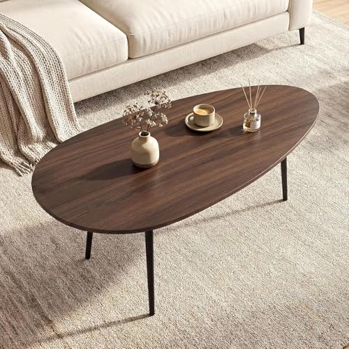 Giantex Oval Coffee Table Mid Century Modern Center Table with Sturdy Metal Frame and Compact Design Vintage Accent Cocktail Tea Table Wood Living Room Tables for Small Spaces (Walnut)