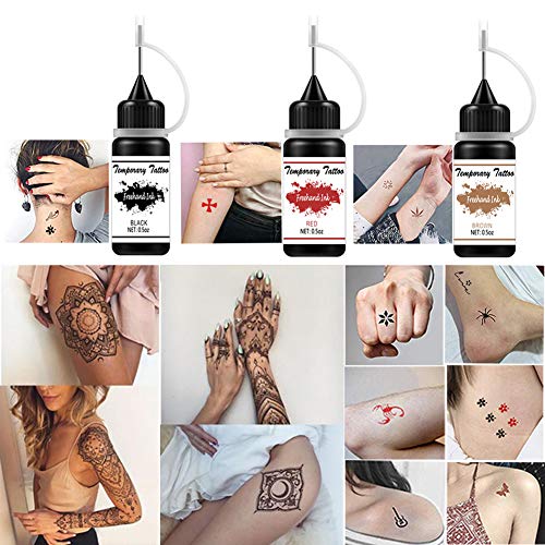 Tofd Temporary Tattoo Kit Freehand Ink Semi Permanent Tattoo Jagua Gel Temp Tattoos For Women Kids Men Body Art Painting Diy Tattoos Fake Freckles 30 Pcs Free Tattoo Stencils - Full Kit 4 Bottles 2Oz #TOP3