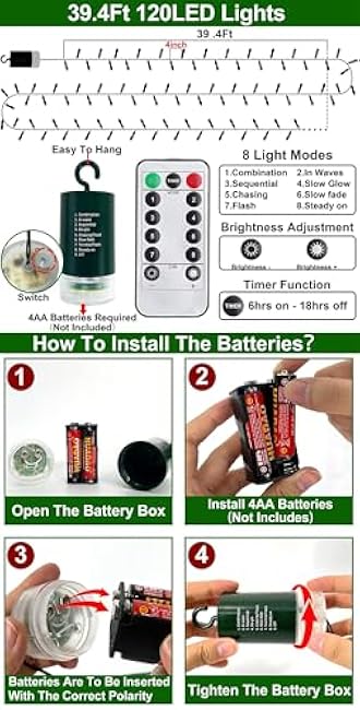 TURNMEON 120LED 39.4Ft Christmas String Lights Battery Operated Timer 8 Modes Remote Control Waterproof Green Wire Xmas Tree Fairy Lights Decor Outdoor Indoor Home Party Garden (Warm White)