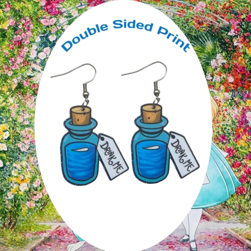 Fun Pair of “Drink Me” Glitter Drop and Dangle Earrings for Alice in Wonderland Costumes, Mad Hatter Costumes and More. Fun Pair of Drink Me Mini Bottle Fan Inspired Earrings for Queen of Hearts Costumes and More.4