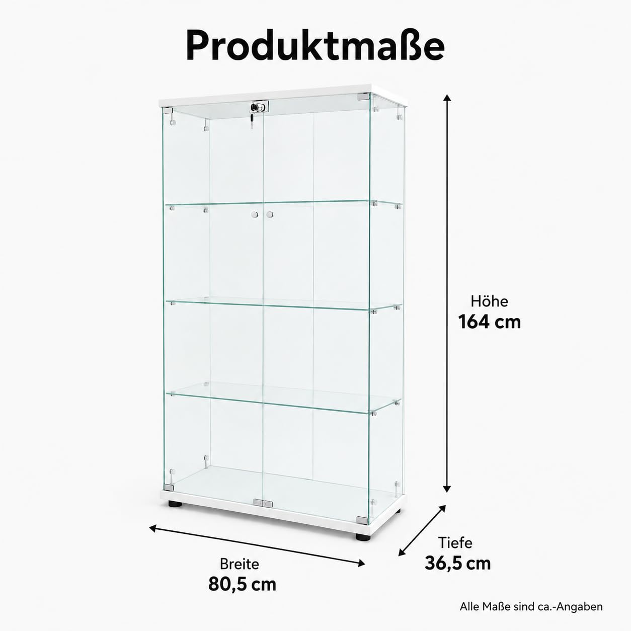 Glasvitrine Standvitrine mit Led, Sammlervitrine stehend mit 2 Glastüren abschließbar und 4 Böden Vitrinenschrank Transparente Vitrine Glas für Wohnzimmer Büro Sammlerstücke Bücher Wein (Weiß)
