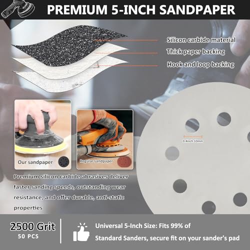 Image of 50PCS 5 Inch Sanding Discs 2500 Grit, Wet Dry Hook and Loop Sandpaper