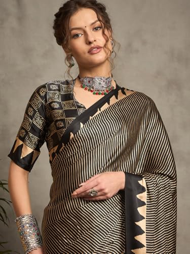 Image of AKHILAM Women's Pure Crepe Striped Printed Saree With Unstitched Blouse Piece