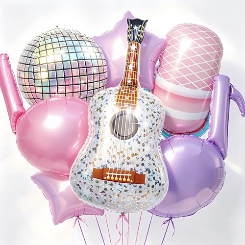 7Pcs Pink Purple Music Note Balloons for Singer Fans Party Decoration/Tayl Singer Birthday Decor/Korean Idol Demon Hunters Concert Balloon/Iridescent Disco Ball Foil Balloons/Popular Singer Supplies