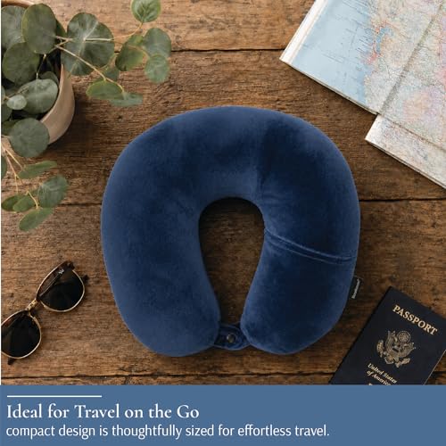 Image of Brookstone Microbead Neck Pillow - Super Soft Cozy Lightweight Plush Travel Pillow with Phone or Headphone Pocket, Blue