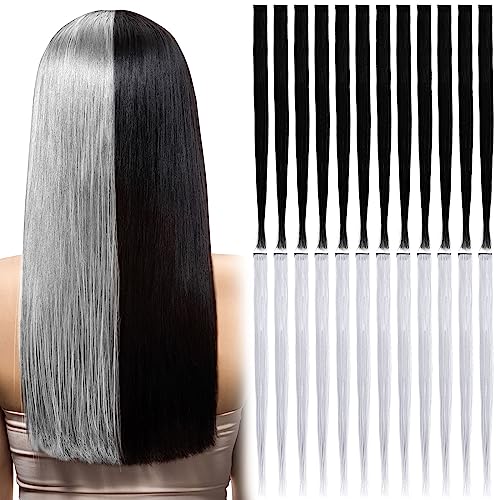Chuangdi 24 Pcs Black, White Hair Extensions 20 Inch Straight Hair Highlights Colorful Clip Extension Synthetic Braid Hairpieces Gift for Women Cosplay LGBT Party Independence Day Fourth of July