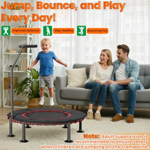 LIFERUN Indoor Fitness Trampoline | Gepolsterde Beschermhoes | Tot 150 kg Belastbaar | 3 Verstelbare Handgreephoudingen | Zonder Installatie | voor Kinderen Volwassenen | Mini Ø102 cm | Thuis - Afbeelding 6