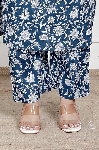 Image of NIKLAV Blue Floral Printed Cotton Kurta Set for Women Featuring Long Straight Kurti with Palazzo, Lightweight Breathable Fabric, V Neckline, Full Sleeves, and Soft Stitch Detailing