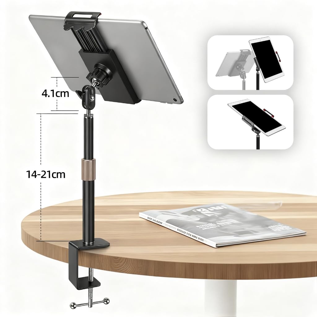 Supporto per telefono con clip per tablet, resistente morsetto per tablet da 4,5-11 pollici, con regolazione multiangolo a 360 rotazioni