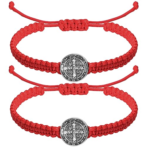 Fumete 2 Pcs Catholic Bracelets Saint Benedict Medal Gifts Adjustable String Bracelets Religious Gifts for Men Women Birthday Holiday(Red)