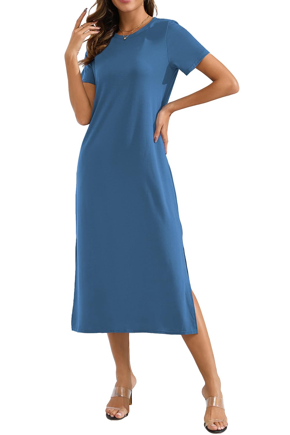 Naggoo Women's Short Sleeve Split Maxi Dress Casual Plain Tie Dye Print Tshirt Long Dresses with Pockets