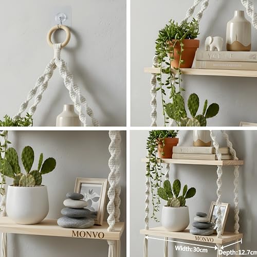 Image of 3-Tier Macrame Wall Hanging Shelf (Includes Mounting Hook) Boho Wooden Floating Shelves for Wall Decor - Handmade Cotton Rope Plant Hanger & Organizer for Living Room, Bedroom, Balcony